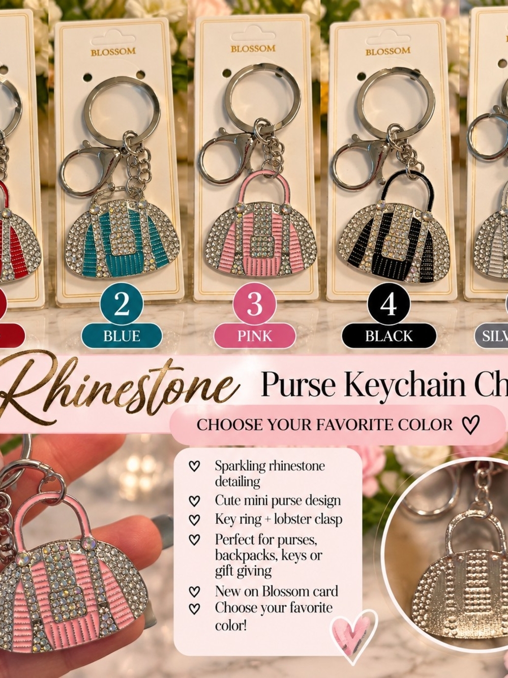 ✨ Rhinestone Purse Keychain Charms – Choose Your Favorite Color